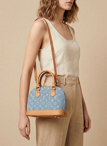 Alma BB LV Bleu Clair (jean) & Cuir Camel aux Bords Fins Rouges