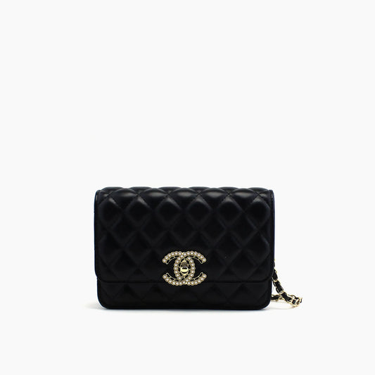 Chanel Wallet on Chain (WOC) Noir (cuir) au Fermoir CC en Strass