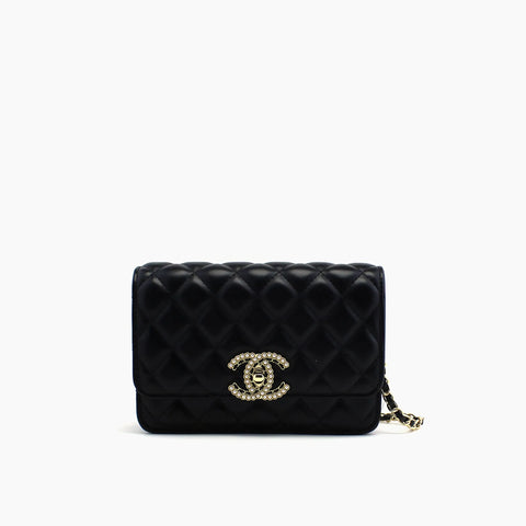 Chanel Wallet on Chain (WOC) Noir (cuir) au Fermoir CC en Strass