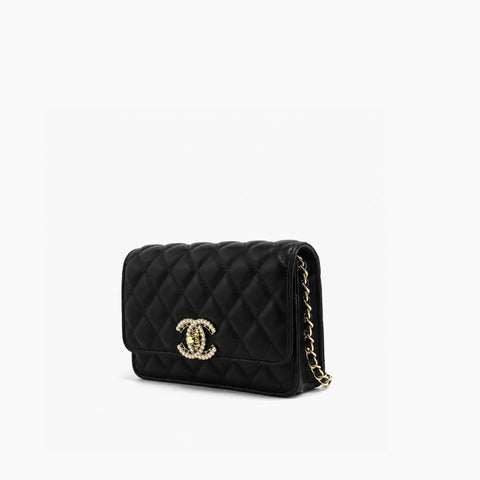 Chanel Wallet on Chain (WOC) Noir (cuir) au Fermoir CC en Strass