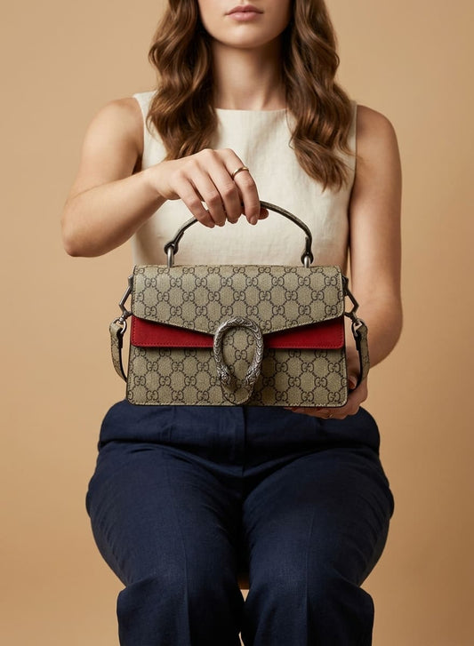 Gucci Dionysus: Toile beige et marron, daim rouge et boucle argentée