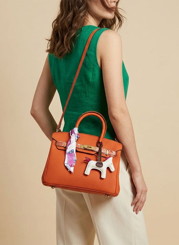 Birkin d'Hermès Cuir orange et accessoires blanc et violet
