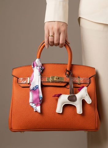Birkin d'Hermès Cuir orange et accessoires blanc et violet