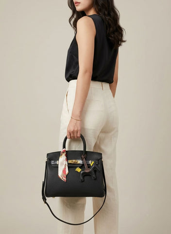 Birkin d'Hermès Cuir noir et accessoires noir et blanc