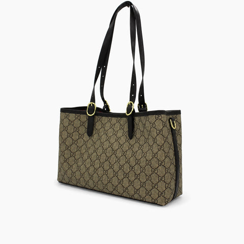 GG Emblem Small Tote Bag: Beige et ébène, cuir noir-