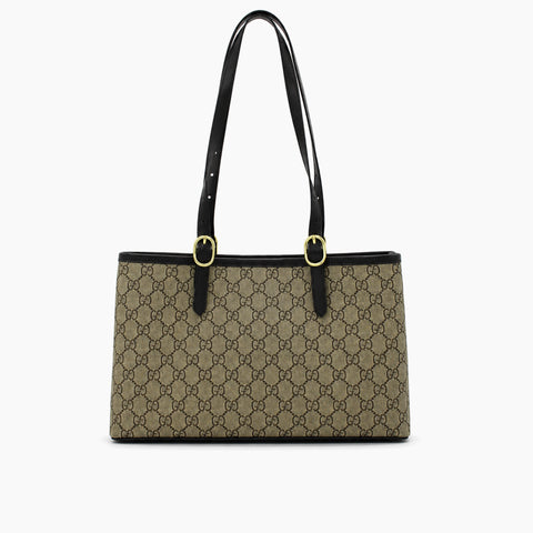 GG Emblem Small Tote Bag: Beige et ébène, cuir noir-