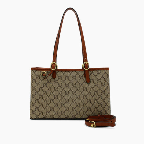 GG Emblem Small Tote Bag: Beige et ébène, cuir marron-