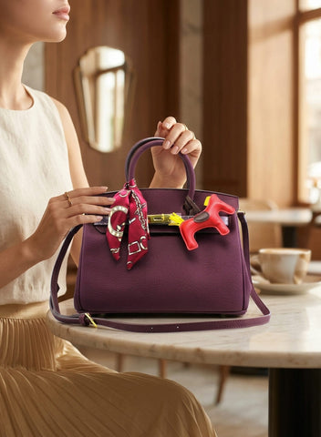 Birkin d'Hermès Cuir bordeaux et accessoires rouge et jaune.