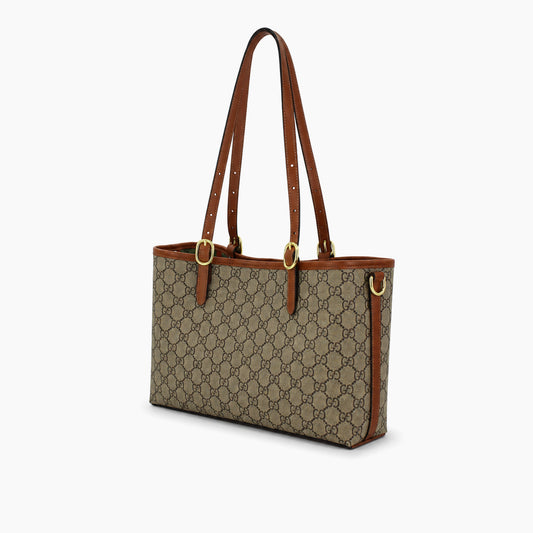 GG Emblem Small Tote Bag: Beige et ébène, cuir marron-