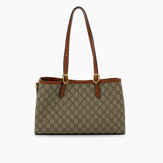 GG Emblem Small Tote Bag: Beige et ébène, cuir marron-