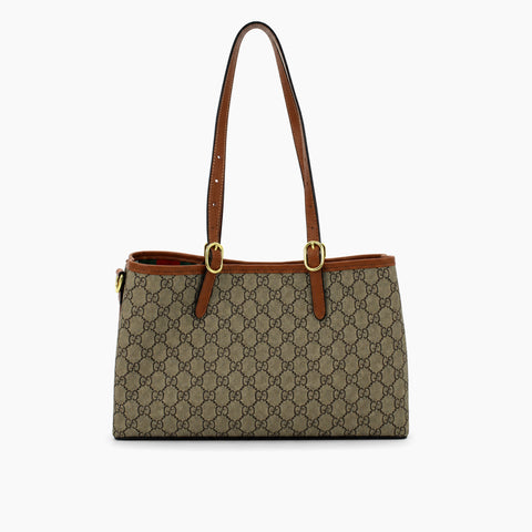 GG Emblem Small Tote Bag: Beige et ébène, cuir marron-
