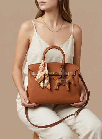 Birkin d'Hermès Cuir marron camel et accessoires marron et orange/mini sac