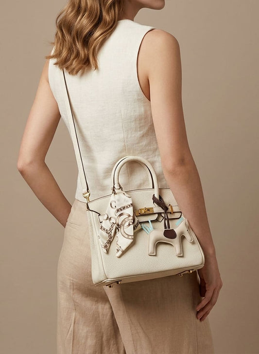 Birkin d'Hermès Cuir blanc crème et accessoires noir, blanc et bleu./mini sac
