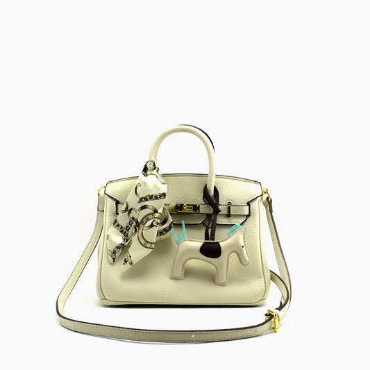 Birkin d'Hermès Cuir blanc crème et accessoires noir, blanc et bleu./mini sac
