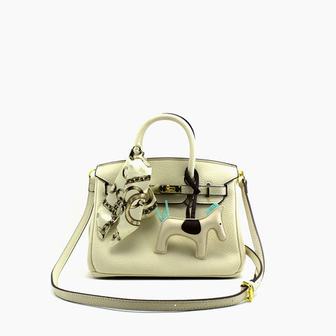 Birkin d'Hermès Cuir blanc crème et accessoires noir, blanc et bleu./mini sac