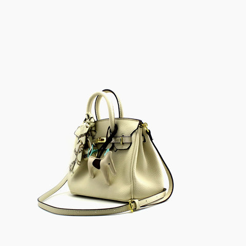 Birkin d'Hermès Cuir blanc crème et accessoires noir, blanc et bleu./mini sac