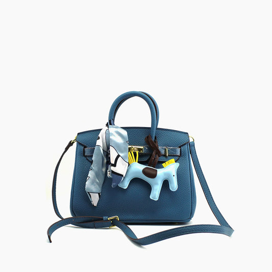 Birkin d'Hermès Cuir bleu canard et accessoires bleu clair et jaune./mini sac