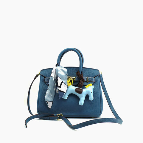 Birkin d'Hermès Cuir bleu canard et accessoires bleu clair et jaune./mini sac