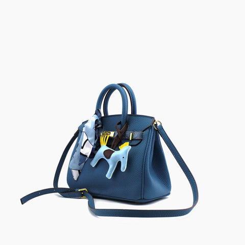 Birkin d'Hermès Cuir bleu canard et accessoires bleu clair et jaune./mini sac