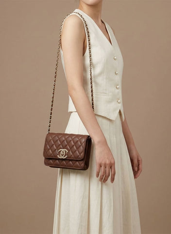 Chanel Wallet on Chain (WOC) Marron Chocolat (cuir) avec fermoir CC en strass