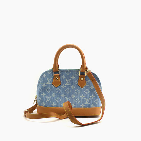 Alma BB LV Bleu Clair (jean) & Cuir Camel aux Bords Fins Rouges