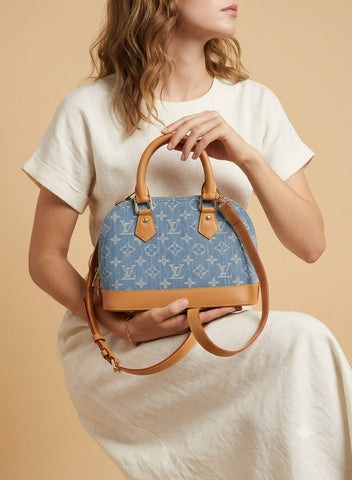 Alma BB LV Bleu Clair (jean) & Cuir Camel aux Bords Fins Rouges